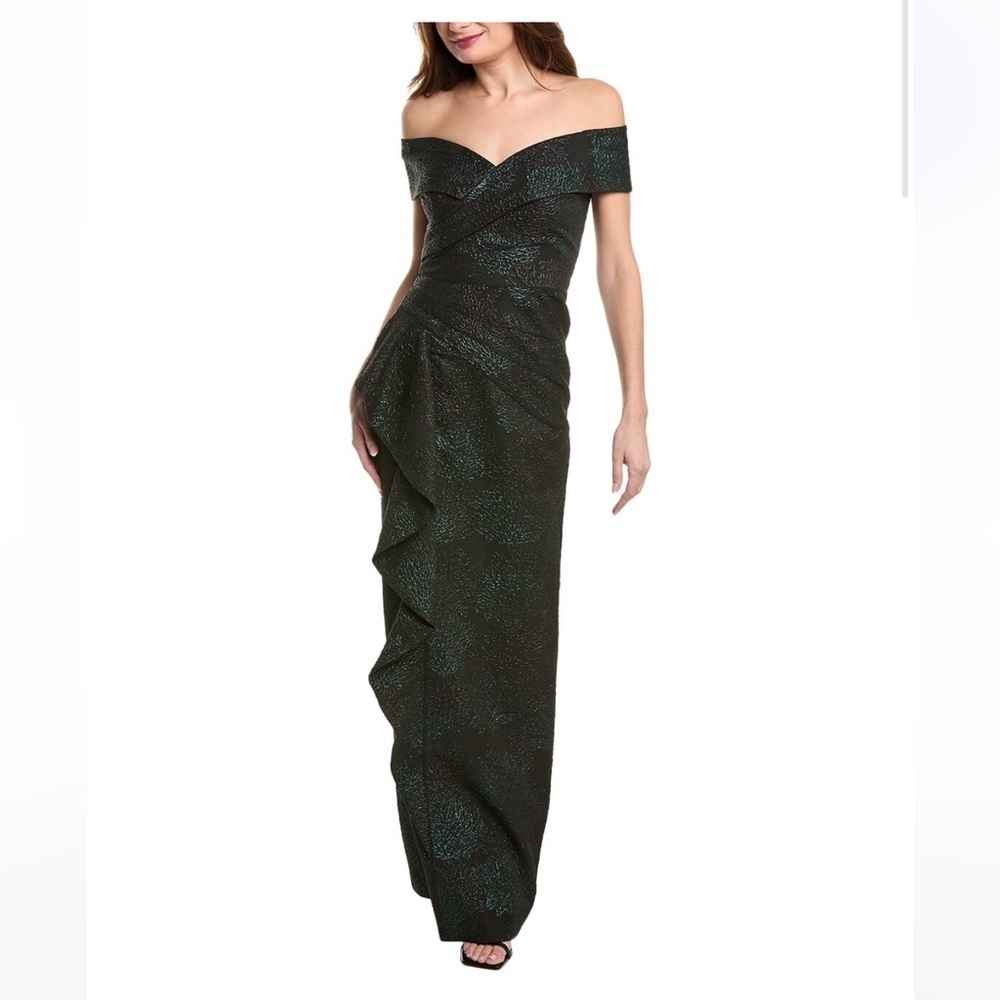 ✅ NWT TERI JON by Rickie Freeman Green/Black Ruffle Front Off Shoulder Gown sz 4